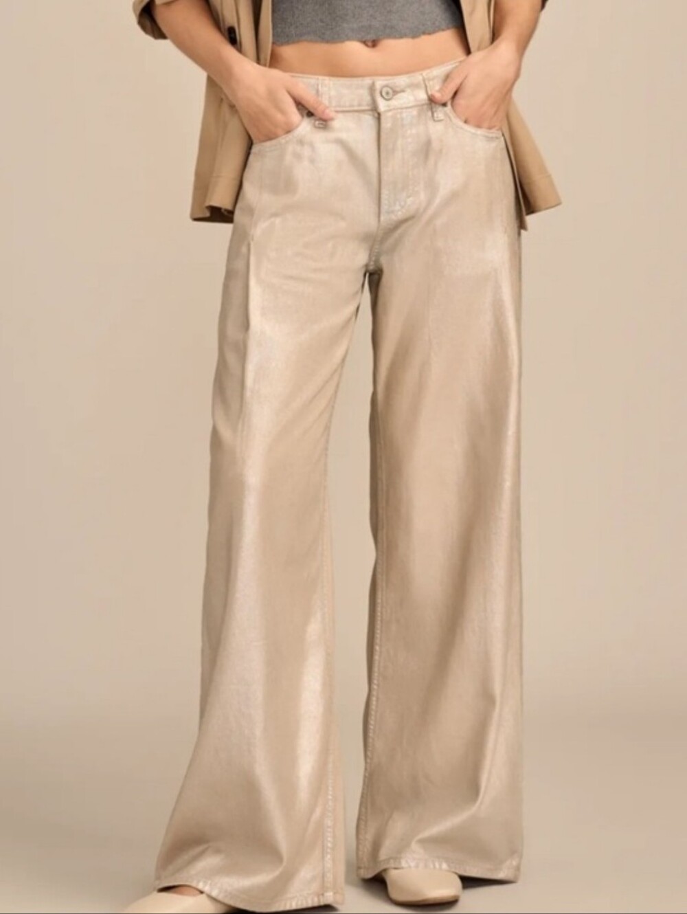 Lucky Brand Women's Palazzo Wide Leg Pants Jeans Metallic Beige 10/30 Large